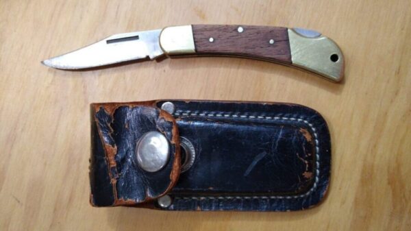 Folding knife with locking clip-point blade, and leather sheath [Used] Everyday Carry[EDC]