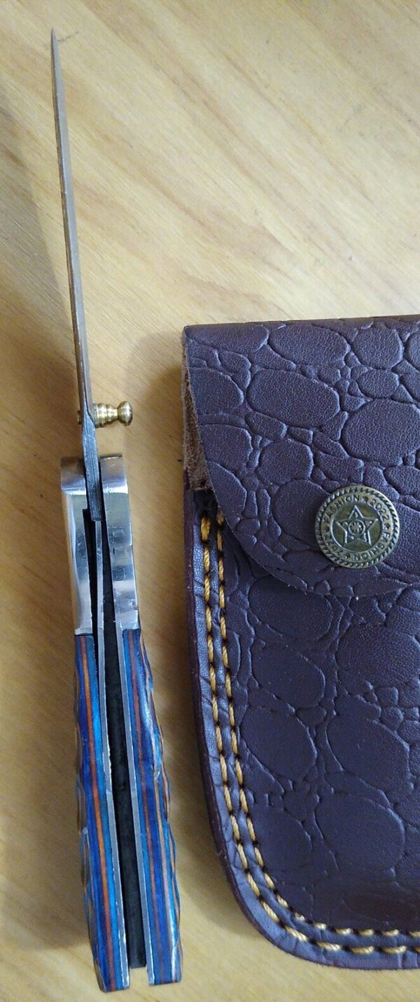 Custom Hand Forged Damascus Pattern Folding Clip-Point Knife w/Locking blade and Leather Belt Sheath[New – Unused]. Custom/Handmade