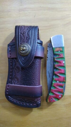 Custom Hand Forged Damascus Pattern Folding Clip-Point Knife w/Locking blade and Leather Belt Sheath[New – Unused]. Collectible Knives