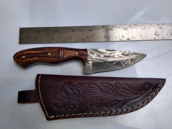 Handmade Damascus 7″ Fixed-Blade Drop-Point knife, and Leather Belt Sheath [New/Unused]. Custom/Handmade