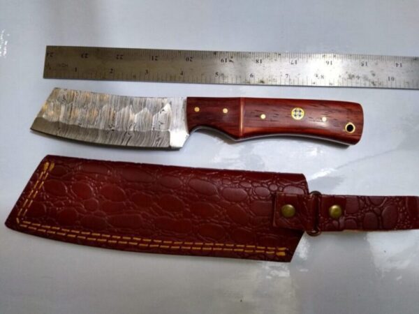 Custom Hand-forged 9″ Damascus Wharncliffe Knife, and Leather Belt Sheath [Unused – Pristine Cond.] Custom/Handmade