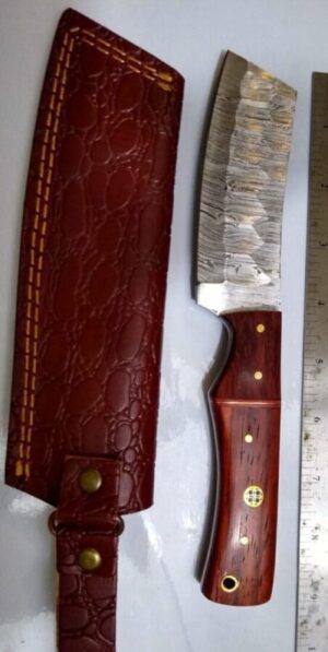 Custom Hand-forged 9″ Damascus Wharncliffe Knife, and Leather Belt Sheath [Unused – Pristine Cond.] Damascus Knives