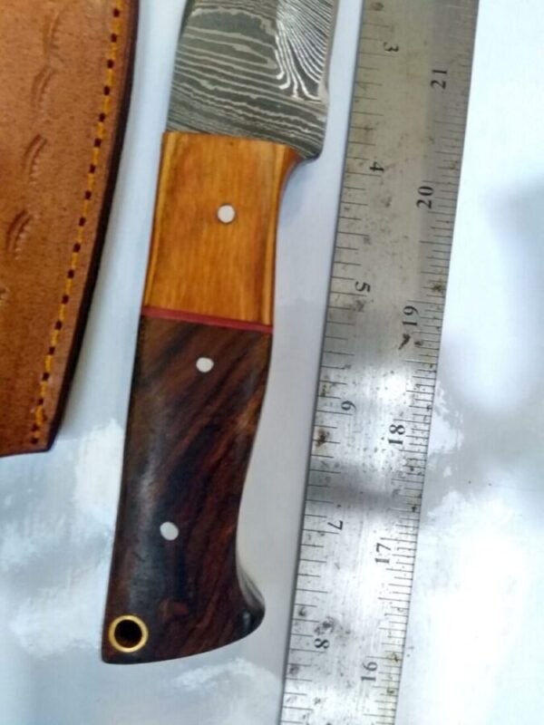 Handmade Damascus Pattern 8″ Fixed-Blade Clip-Point knife with false edge, and leather Belt Sheath[New/Unused]. Custom/Handmade