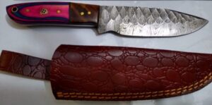 Handmade Damascus 8″ Fixed-Blade Drop-Point knife, with Belt Sheath [New – Unused]. Collectible Knives