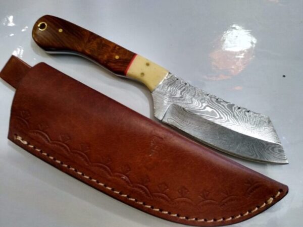 Custom Hand-forged 8″ Damascus Wharncliffe Knife, and Leather Belt Sheath. Custom/Handmade