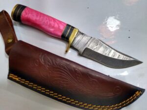 Handmade Damascus Pattern 8″ Fixed-Blade Clip-Point knife, with Belt Sheath[New – Unused]. Collectible Knives