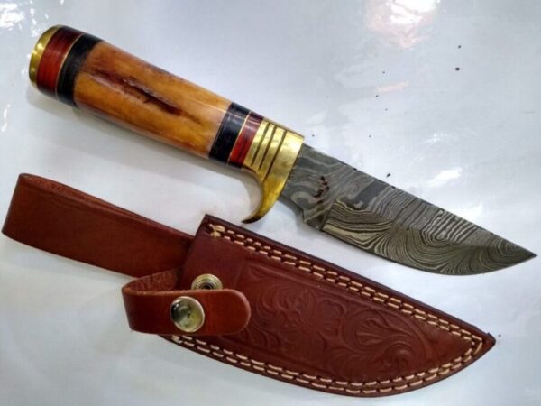 Handmade Damascus Pattern 10″ Fixed-Blade Straight-Back Knife, with Belt Sheath[Unused – Pristine Cond.] Custom/Handmade