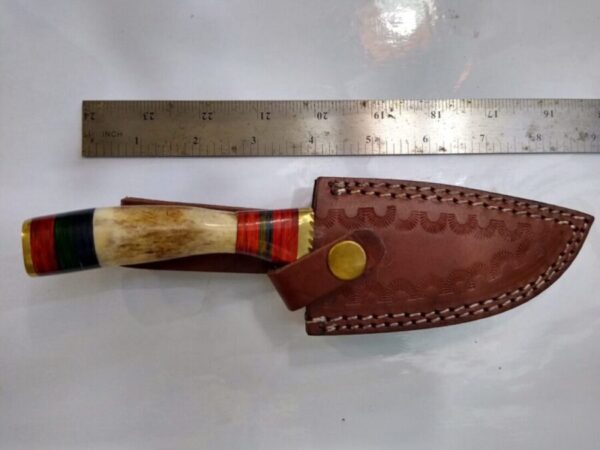 Handmade Damascus Pattern 8″ Fixed-Blade Clip-Point knife with false edge, and Leather Belt Sheath [New – Unused]. Custom/Handmade
