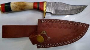 Handmade Damascus Pattern 8″ Fixed-Blade Clip-Point knife with false edge, and Leather Belt Sheath [New – Unused]. Damascus Knives