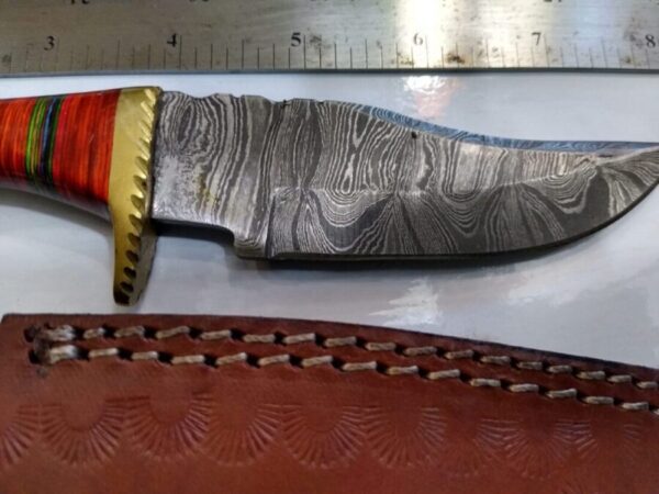Handmade Damascus Pattern 8″ Fixed-Blade Clip-Point knife with false edge, and Leather Belt Sheath [New – Unused]. Custom/Handmade