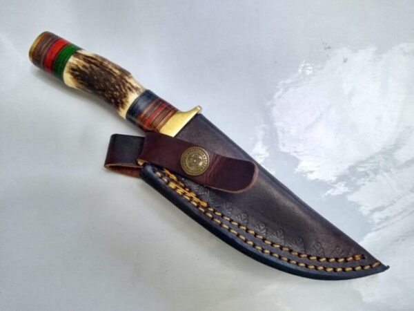 Handmade Damascus Pattern 8″ Fixed-Blade Clip-Point knife, with Belt Sheath[New/Unused]. Custom/Handmade
