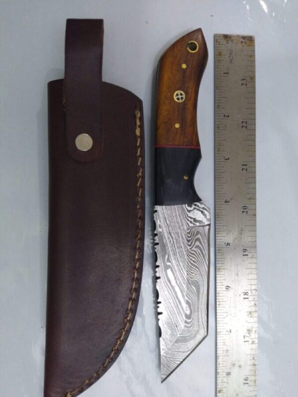Custom Hand-forged 8″ Damascus Tanto Knife with serrated spine, and Leather Belt Sheath. Collectible Knives