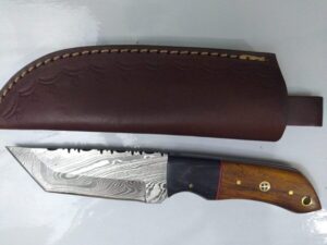 Custom Hand-forged 8″ Damascus Tanto Knife with serrated spine, and Leather Belt Sheath. Collectible Knives