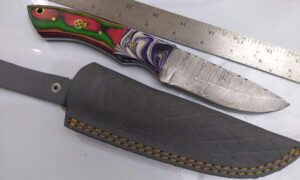 Handmade Damascus 9″ Fixed-Blade Drop-Point Knife, Trippy Handle Design with Custom Gray Leather Belt Sheath[New/Unused]. Collectible Knives