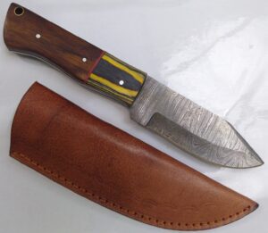 Custom Hand-forged 8″ Damascus Clip-Point Knife with False Edge, and Leather Belt Sheath. Collectible Knives