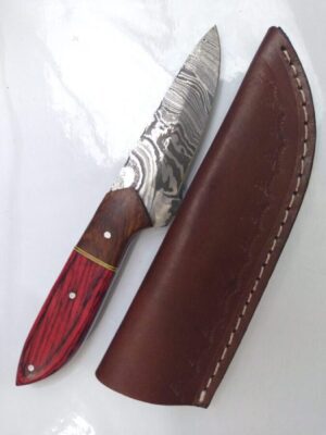 Handmade Damascus 8″ Fixed-Blade Drop-Point knife, and Leather Belt Sheath [Unused – Pristine Cond.] Damascus Knives