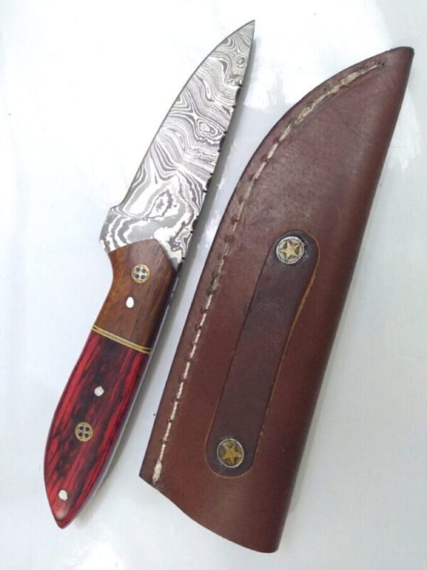 Handmade Damascus 8″ Fixed-Blade Drop-Point knife, and Leather Belt Sheath [Unused – Pristine Cond.] Custom/Handmade