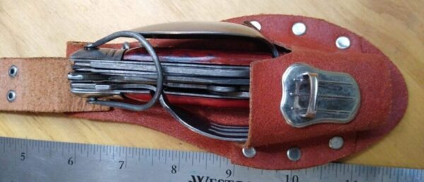 Vintage Stag Handle Camp/Hobo Knife Multi-tool Utensils with leather belt sheath [Used – Excellent Cond.]. Camp Knives