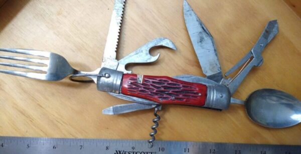 Vintage Stag Handle Camp/Hobo Knife Multi-tool Utensils with leather belt sheath [Used – Excellent Cond.]. Camp Knives