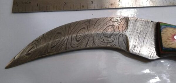 A Tigers Claw – Custom Handmade 9.5″ Damascus Pattern Karambit Knife with Leather Belt Sheath [Unused]. Collectible Knives