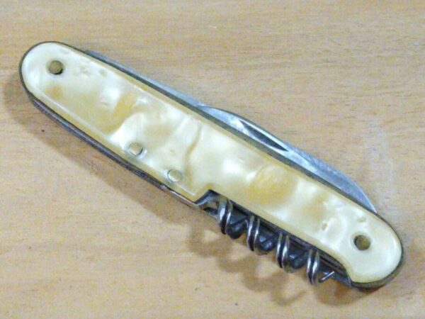 Vintage Inox 6 blade multi-tool pocket knife with spike, a thumb pin on opener and cracked ice handle scales[Used – Pristine Cond.] Camp Knives