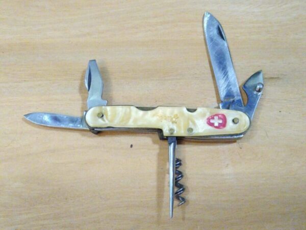 Vintage Inox 6 blade multi-tool pocket knife with spike, a thumb pin on opener and cracked ice handle scales[Used – Pristine Cond.] Camp Knives