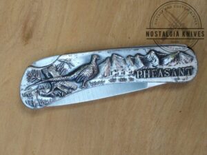 Sharp Pocket Knife, Made In Japan - Raised Relief Pheasants, Single Lock Blade, [Used - Near Mint Cond.]