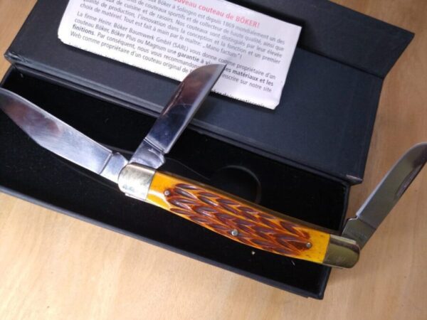 Böker Solingen Cinch Tree Brand Jigged Bone Handle, 3 Blade Stockman Knife in Orig. Packaging[Unused – Pristine Mint Cond.] Böker