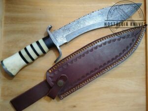 Damascus 15" kukri with Damascus guard and butt cap. Handmade in TX, USA - New Leather Belt Sheath, with that new leather smell.. =] [Unused - Pristine Cond.]