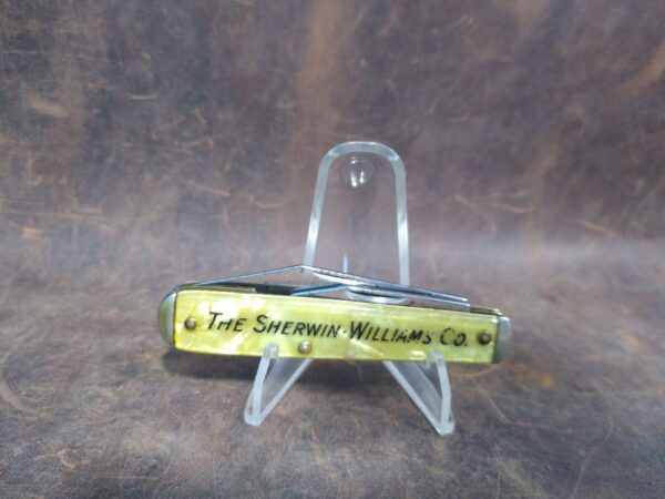 Vintage CamCo 2 Blade Pocket Knife with Bottle Opener/Screwdriver and Yellow Cracked Ice Handle “Shermin Williams Co.” promo.[Used- Mint Cond.] CamCo