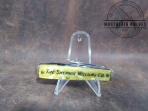 Vintage CamCo 2 Blade Pocket Knife with Bottle Opener/Screwdriver and Yellow Cracked Ice Handle "Sherwin Williams Co." promo.[Used- Mint Cond.]