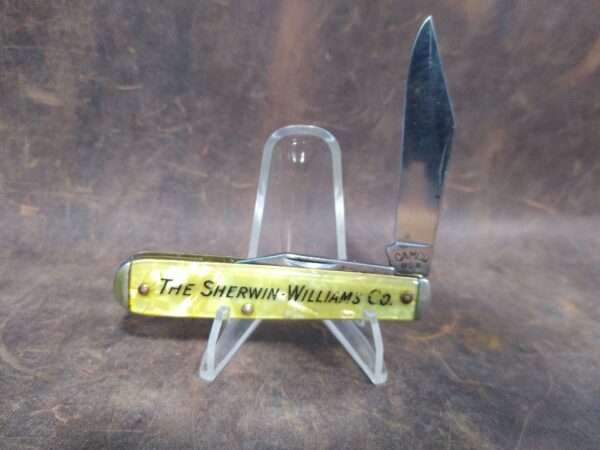 Vintage CamCo 2 Blade Pocket Knife with Bottle Opener/Screwdriver and Yellow Cracked Ice Handle “Shermin Williams Co.” promo.[Used- Mint Cond.] CamCo