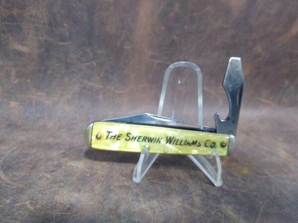 Vintage CamCo 2 Blade Pocket Knife with Bottle Opener/Screwdriver and Yellow Cracked Ice Handle “Shermin Williams Co.” promo.[Used- Mint Cond.] CamCo